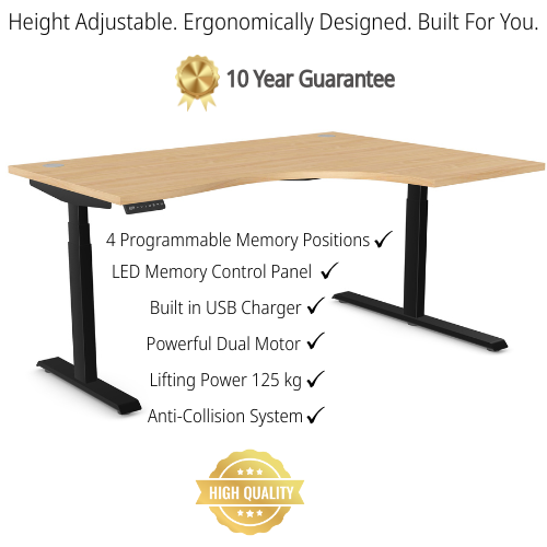 LEAP Electric Dual Motor Height Adjustable Radial Right Hand Sit Stand Desk Portal Top W1600xD1200/800xH620-1270mm Beech Top Black Frame 10 Year Warranty